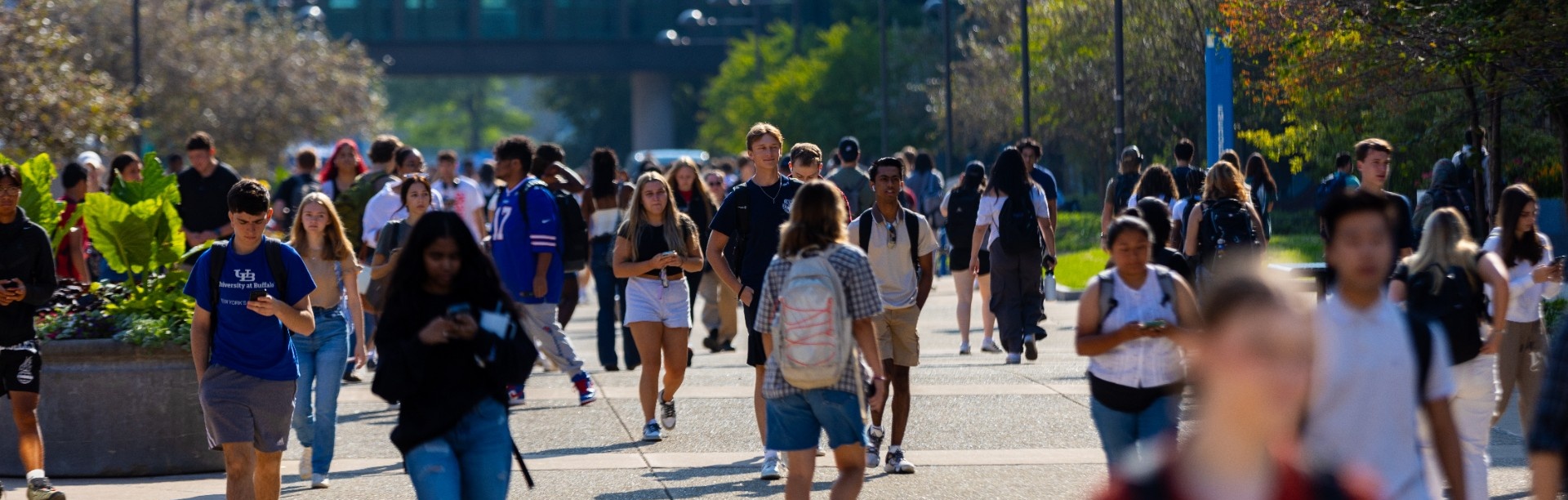 Students walk along the Promenade on UB’s North Campus on the first day of fall semester classes.