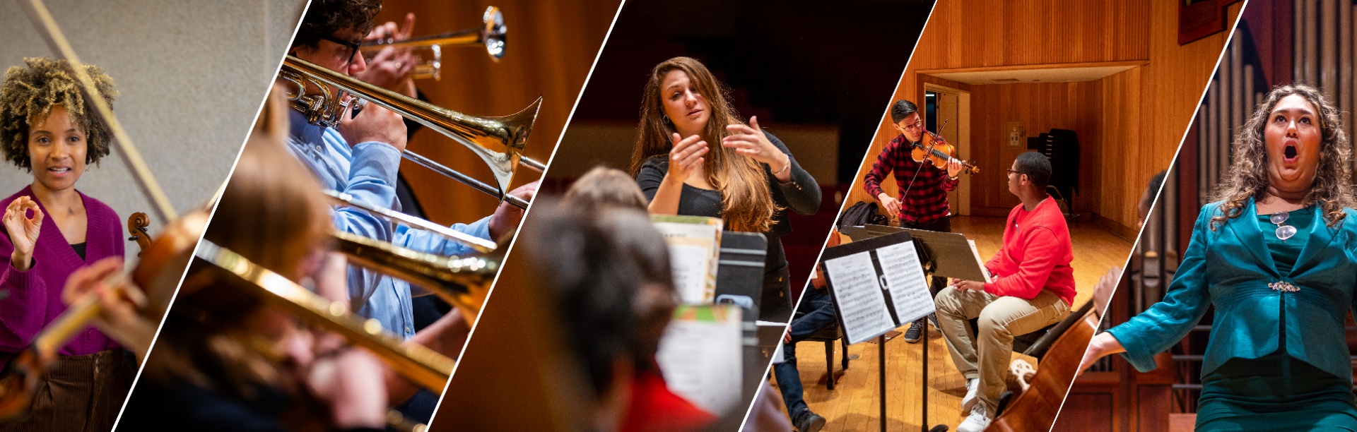 A collage-style banner of five diagonal photo panels showing music students and performers: a violinist receiving instruction, trombone players rehearsing, a conductor leading an ensemble, a small chamber group practicing, and a vocalist singing on stage.